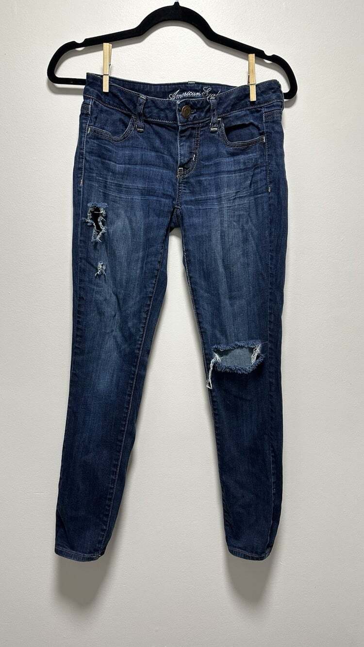 American Eagle Outfitters Women Stretch Jeggings Dark Wash Distressed Sz 2 Short